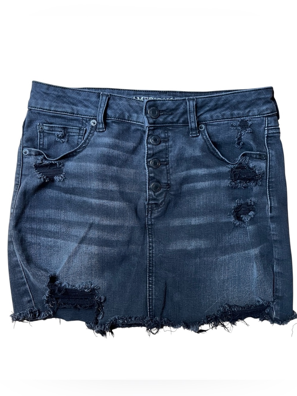 American Eagle Dark Wash Distressed Denim Mini Skirt